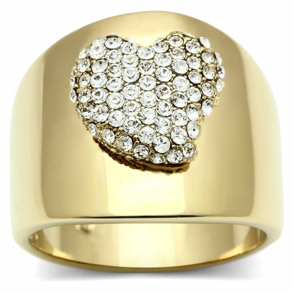 Crystal Heart Gold Plated Dome Ring Rhinestone Statement Cocktail Women's Gift